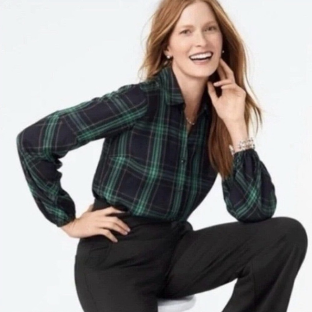 Cabi XS Big Sur Blue Green Plaid Button Down Shirt Top